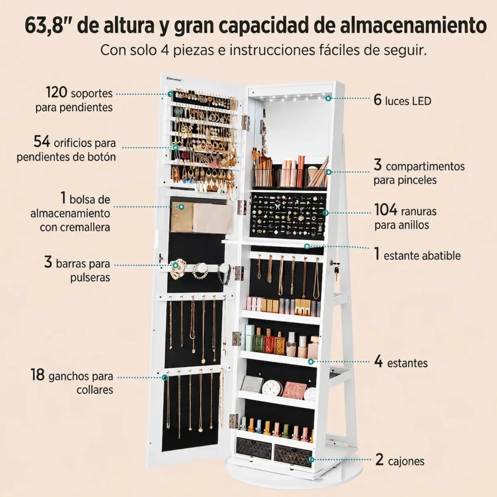 Espejo giratorio de 360° con joyero, organizador interior y luces LED