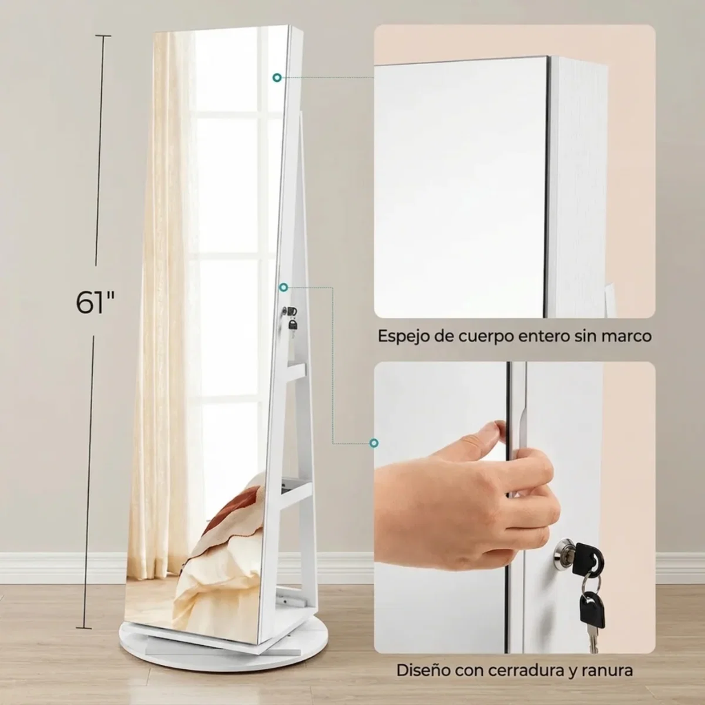 Espejo giratorio de 360° con joyero, organizador interior y luces LED
