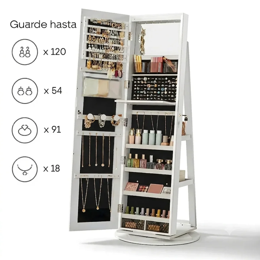 Espejo giratorio de 360° con joyero, organizador interior y luces LED