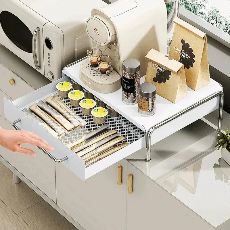 Estante expositor de café en cápsulas con cajón de almacenamiento, caja organizadora de bolsitas de té para encimera de bar, estantes de almacenamiento con cajón para base de máquina de café