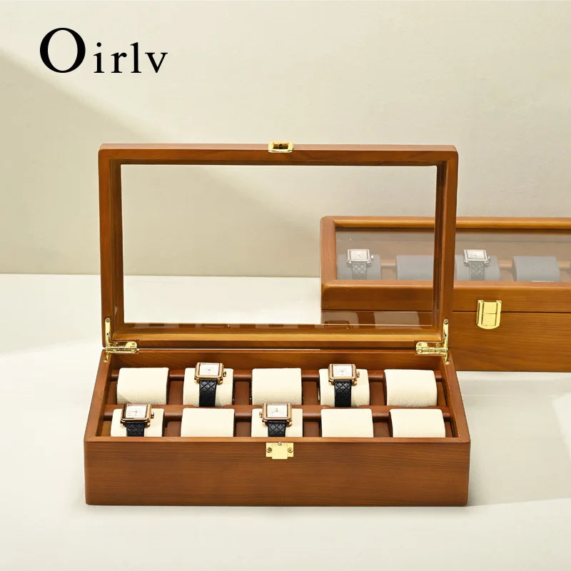 Oirlv, caja organizadora de joyería de madera maciza con 10 rejillas, soporte para reloj, estuche de almacenamiento, caja expositora para hombre y mujer, regalos para hombre