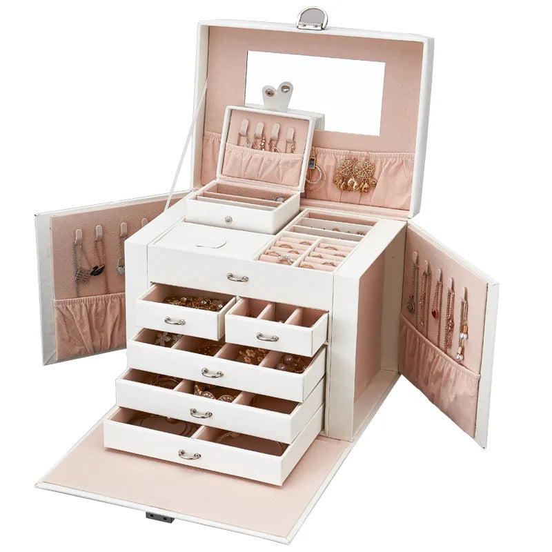 Joyero de gran capacidad con cerradura, cajas organizadoras portátiles para pendientes y collares, vitrina de joyería de cuero, almacenamiento separado