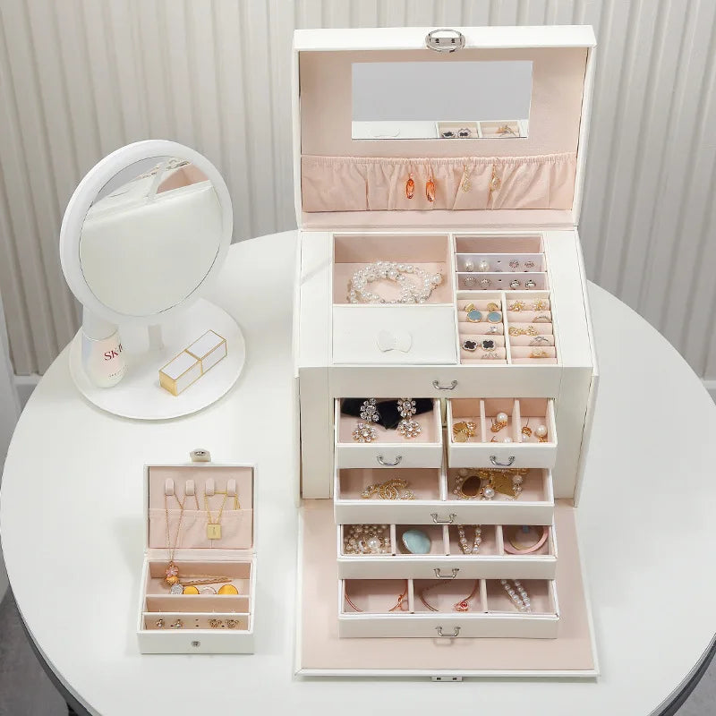 Joyero de gran capacidad con cerradura, cajas organizadoras portátiles para pendientes y collares, vitrina de joyería de cuero, almacenamiento separado