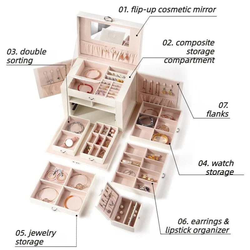 Joyero de gran capacidad con cerradura, cajas organizadoras portátiles para pendientes y collares, vitrina de joyería de cuero, almacenamiento separado