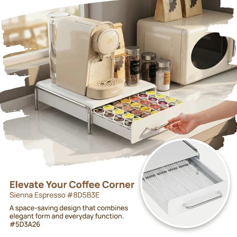 Estante expositor de café en cápsulas con cajón de almacenamiento, caja organizadora de bolsitas de té para encimera de bar, estantes de almacenamiento con cajón para base de máquina de café
