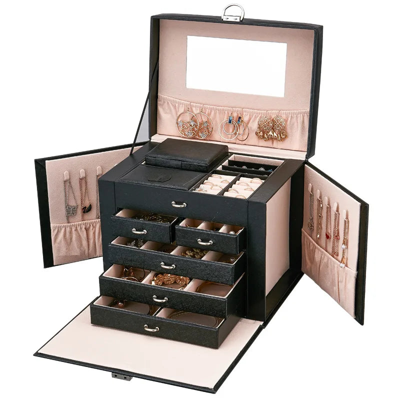 Joyero de gran capacidad con cerradura, cajas organizadoras portátiles para pendientes y collares, vitrina de joyería de cuero, almacenamiento separado