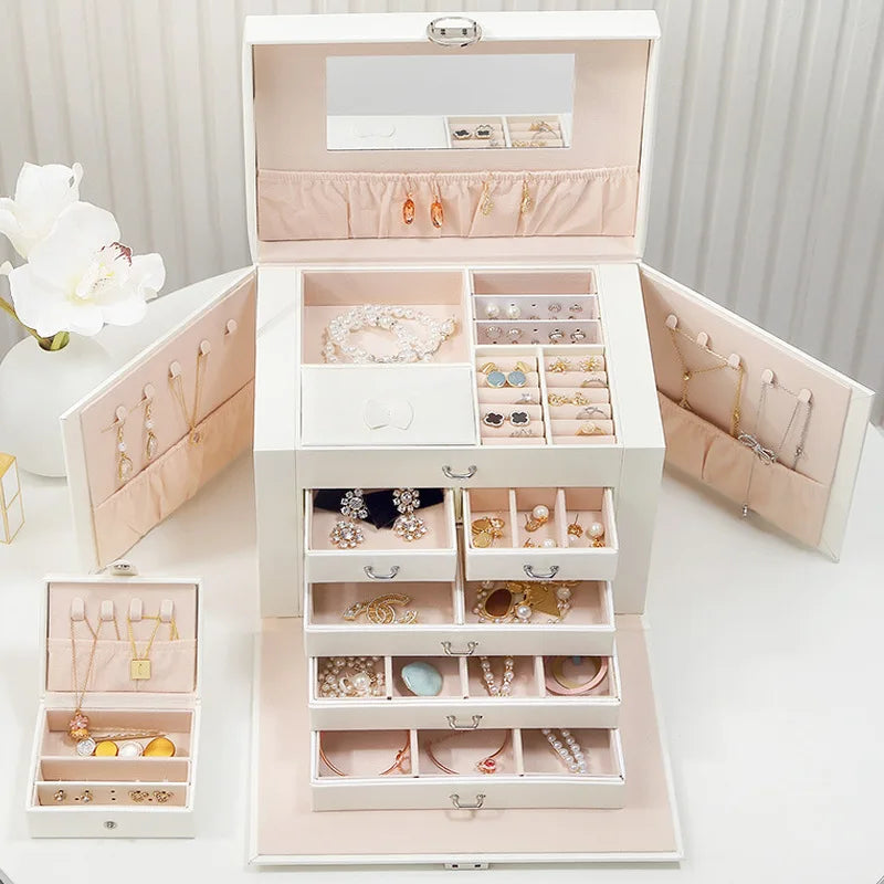 Joyero de gran capacidad con cerradura, cajas organizadoras portátiles para pendientes y collares, vitrina de joyería de cuero, almacenamiento separado