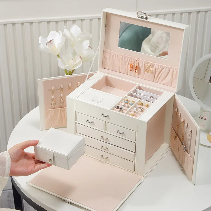 Joyero de gran capacidad con cerradura, cajas organizadoras portátiles para pendientes y collares, vitrina de joyería de cuero, almacenamiento separado